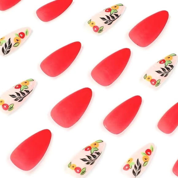 Acrylic Medium Almond Tip Floral Leaf Bright Orange Manicure Nails Professional - Picture 6 of 7